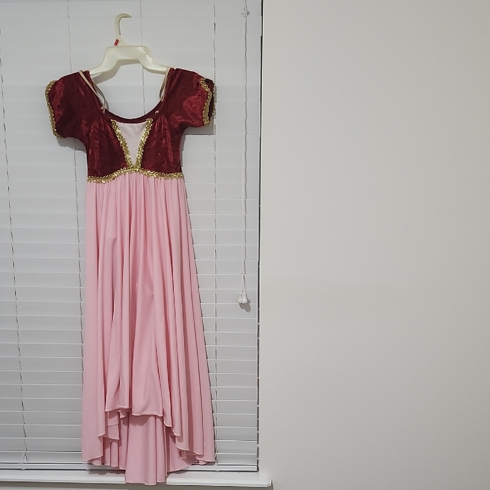 Elegant Pink and Red Dress with Gold Accents